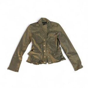 Khaki green leather jacket with ruffle hem